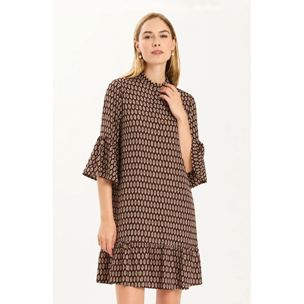 Tyler Boe Womens Shift Dress Medium Brown Geometric Bell Sleeve Mock Neck Retro